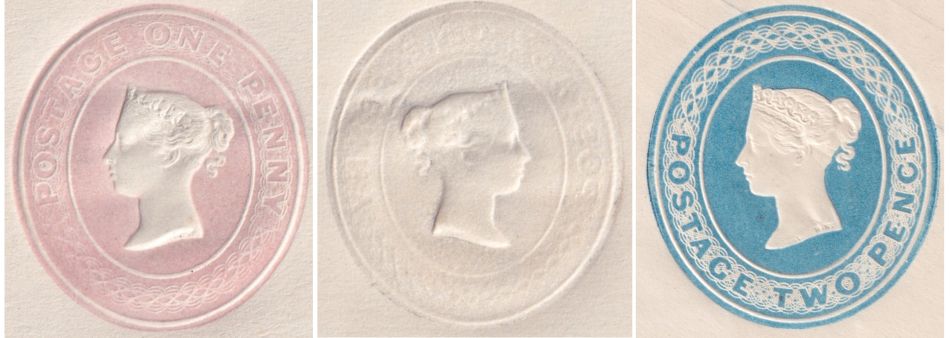 Penny Pink and two Pence Blue embossed stamps from 1841