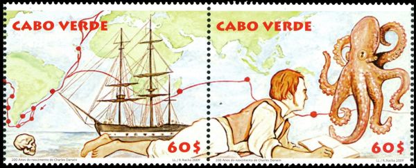 Charles Darwin exploring local fauna on  stamps of Cabo Verde 2009