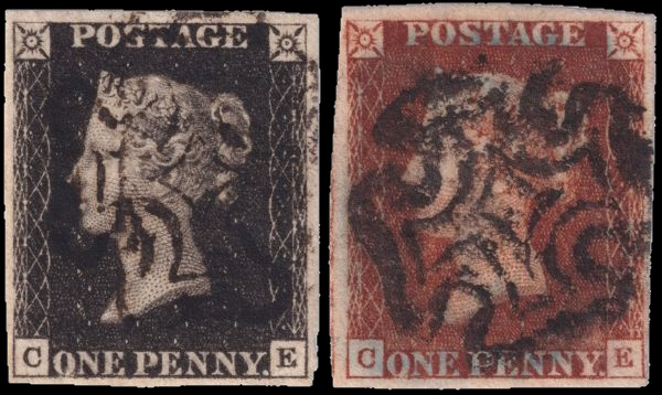 Matching pair of Penny Black 1840 and Penny Red 1841