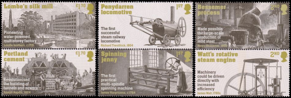 Landmark innovations and industries of the British Industrial Revolution depicted on Great Britain postage stamps issued in 2021.