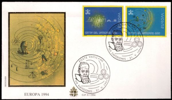 Galileo Galilei on stamp and commemorative postmark of vatican 1994