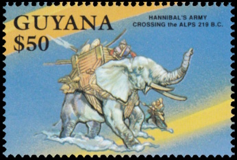 Hannibal's army crossing Alps on elephants on stamp of Guyana 1992.