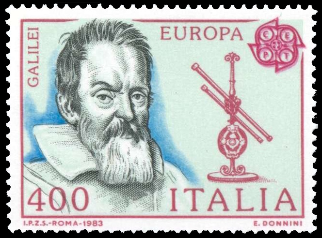 Galileo Galilei with occhiolino on  stamp of Italy 1983