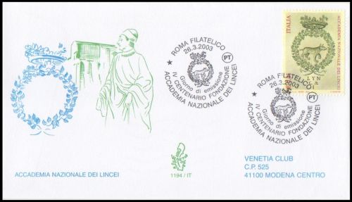 Federico Cesi on a cachet of FDC with 400 anniversary of Accademia dei Lincei  stamp of Italy 2003