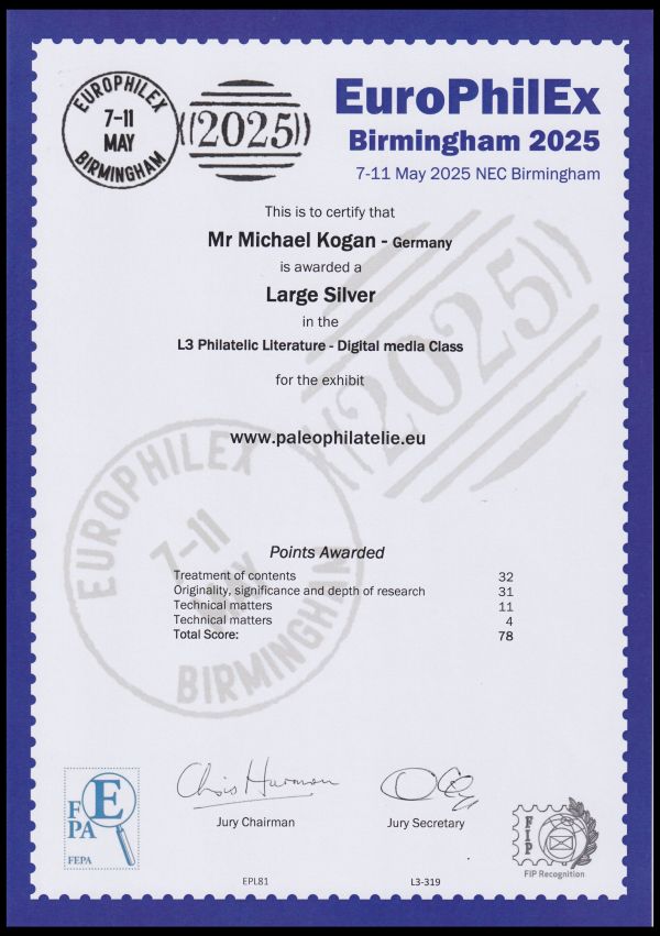 Certificate of Paleophilatelie website at EuroPhilEx 2025