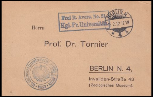 Reply card of Zoological Museum of Berlin from 1912
