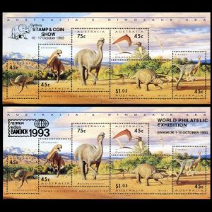 Dinosaurs and pterosaur on Mini-Sheet of Australia 1993