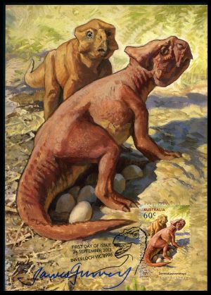 Serendipaceratops arthurcclarkei on stamp and signed Maxi-Card of Australia 2013