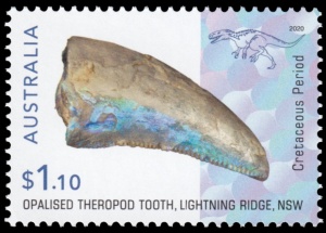 Opalised dinosaur claw on stamp of Australia