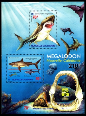 Prehistoric shark Carcharocles megalodon on Souvenir-Sheet  of New Caledonia 1999