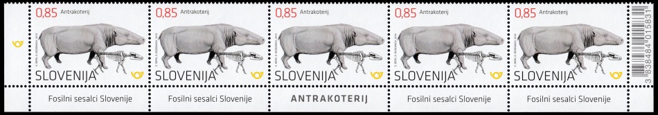 Fossil and reconstruction of Anthracotherium on stamp of Slovenia 2019
