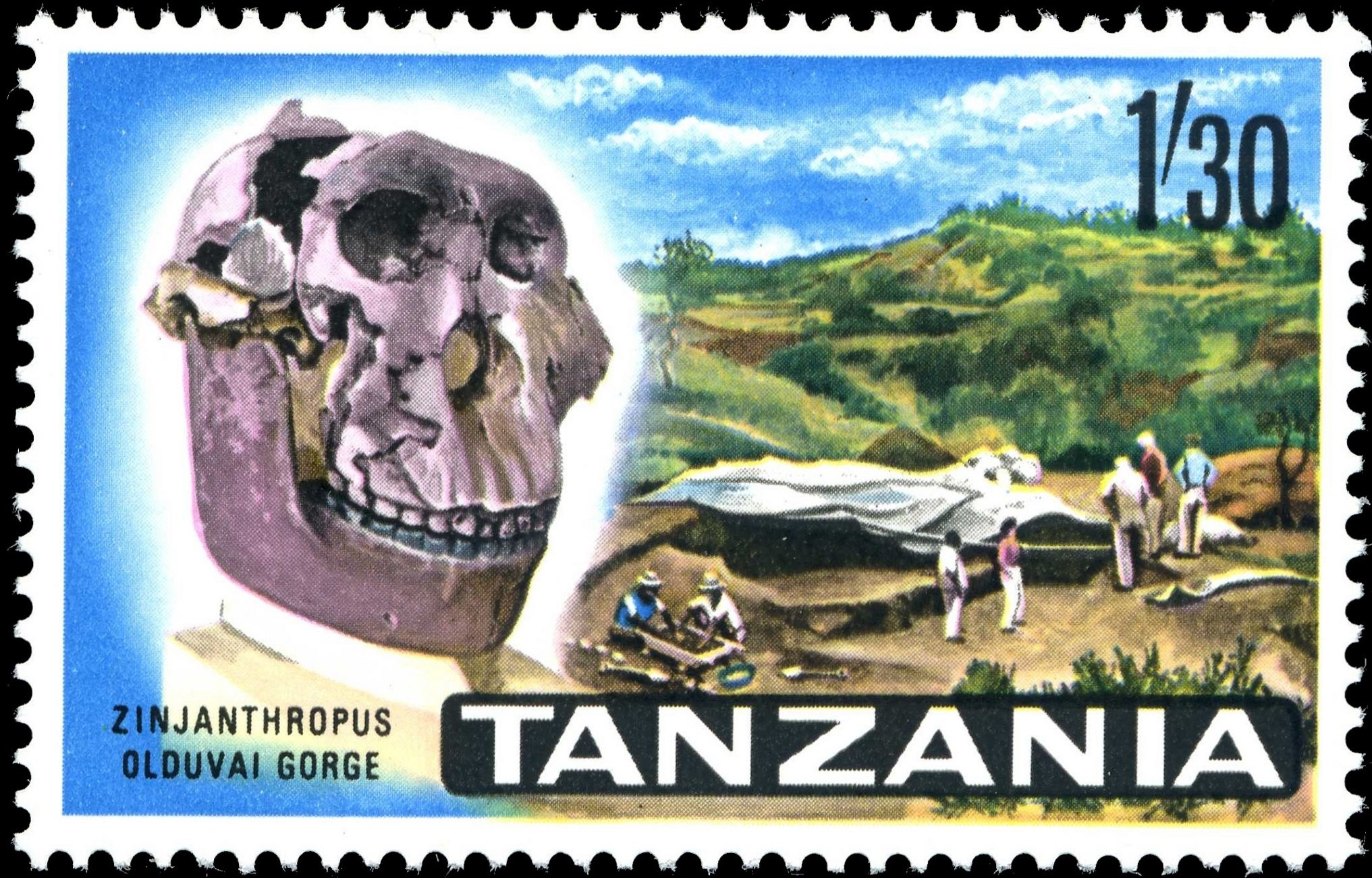 A skull of Zinjanthropus and group of paleoanthropologists on stamp of Tanzania 1965 A skull of Zinjanthropus and group of paleoanthropologists on stamp of Tanzania 1965