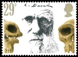 Prehistoric Skulls and Charles Darwin on stamp of UK 1982