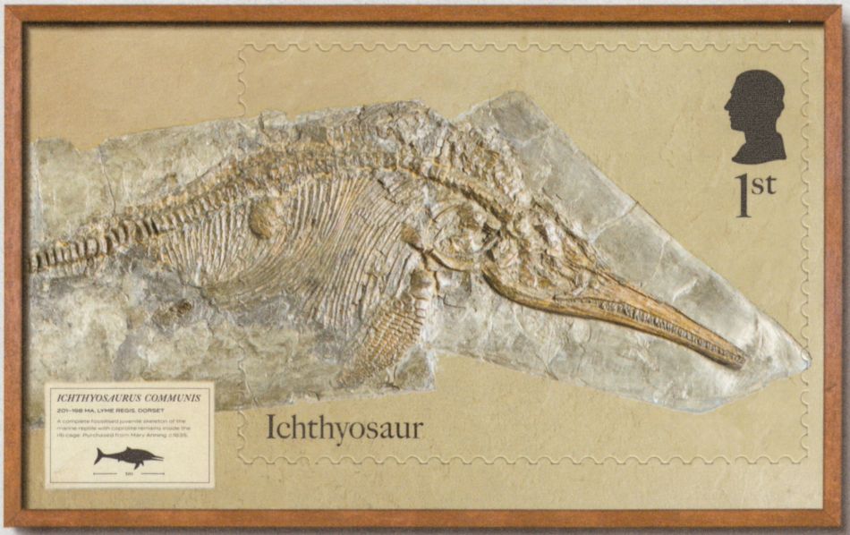 Ichthyosaurus communis/anningae on postage stamp of the Royal Mail 2024