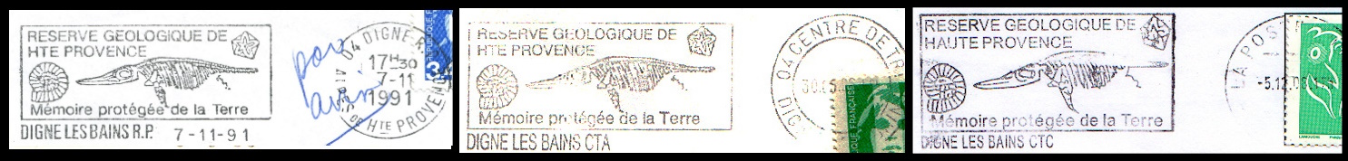 Ammonite and Ichthyosaur from the Géologique de Haute-Provence National Nature Reserve on postmark of France Ammonite and Ichthyosaur from the Géologique de Haute-Provence National Nature Reserve on postmark of France