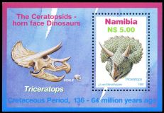 Triceratops skull on Souvenir-Sheet of Namibia 1997