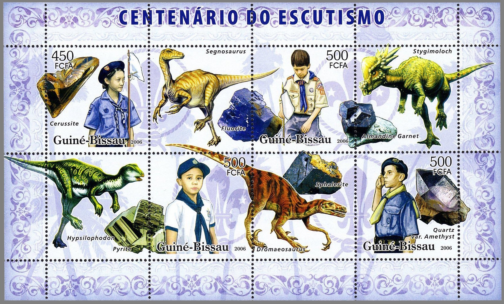 Scouts, minerals and dinosaurs on stamps of Guine Bissau 2006