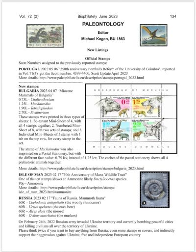 Paleontology news list of Biophilately magazine