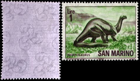 Watermark on the reverse side of Brontosaurus stamp of San Marino 1965 is visible with naked eye