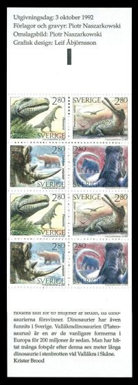 Prehistoric animals on stamp booklet of Sweden 1992