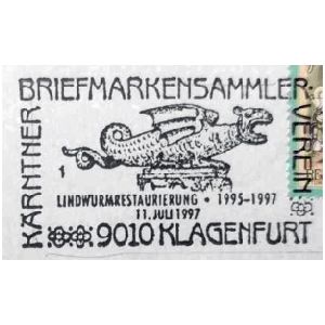 Lindwurmbrunnen von Klagenfurt on commemorative postmark of Austria 1997