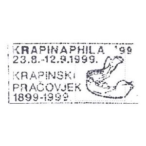 Skull of Homo neanderthalensis krapinensis from krapina on postmark of Croatia 1999