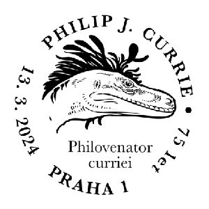 Head of Philovenator curriei  dinosaur on commemorative postmark of Czech Republic 2024