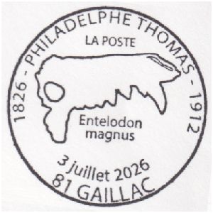 Skull of Entelodon magnus on commemorative postmark of France 2026