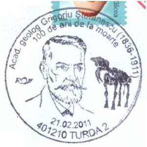 Romanian paleontologist Grigoriu Stefanescu on commemorative postmark of Romania 2011