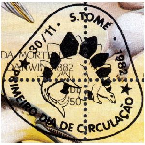 Stegosaurus on commemorative postmark of São Tomé and Príncipe 1982