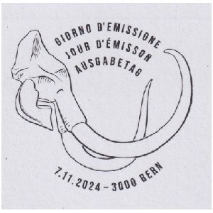 Skull of wooly mammoth on postmark of Switzerland 2024