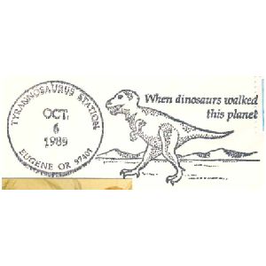 T-Rex dinosaur on postmark of USA 1989