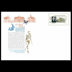 Skull of Triceratops and reconstruction of 'Lucy' (Australopithecus afarensis) on postal stationery "200 anniversary of The Senckenberg Natural Research Society" of Germany 2017