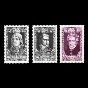 paleontologist Georges Cuvier and Mastodon skull on famous persons stamps of France 1969