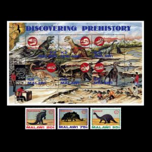 Dinosaurs and paleontologists at work on stamp of Malawi 1993
