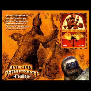 Prehistoric animal Megatherium on stamp of Peru 2007