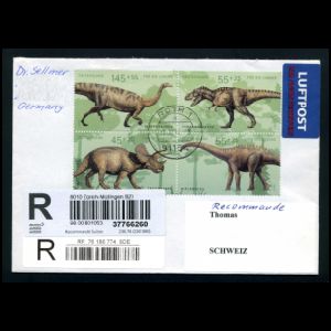 Dinosaur stamps of Germany 2008 on registered letter to Switzerland