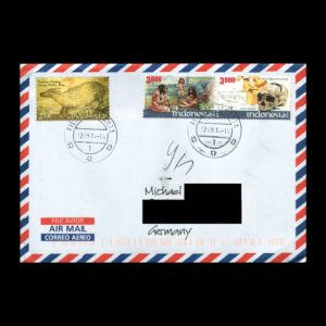 Letter sent from Indonesia to Germany with the 125 years Paleoanthropological Institute Indonesia on stamps of Indonesia 2014
