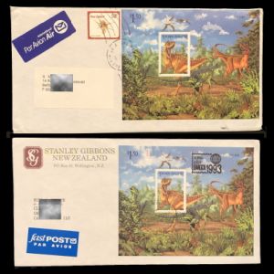 Some circulated letters with dinosaurs Souvenir-Sheets of  New Zealand 1993