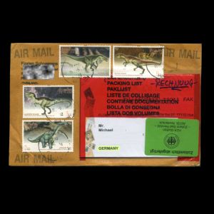 Dinosaur stamps from 1997 on used covers from Thailand